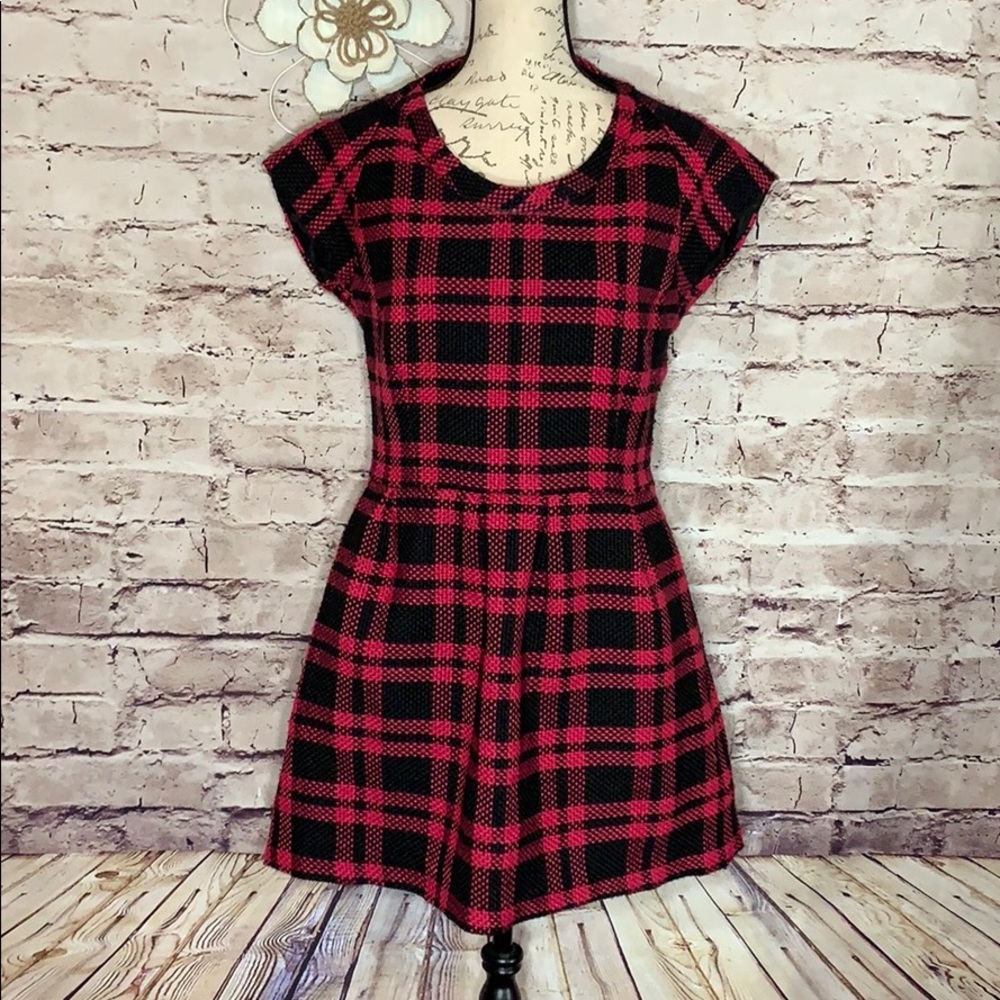 Anthropologie Hawks Black and Hot Pink Plaid Cap-Sleeve Scoop Neck Mini Dress
